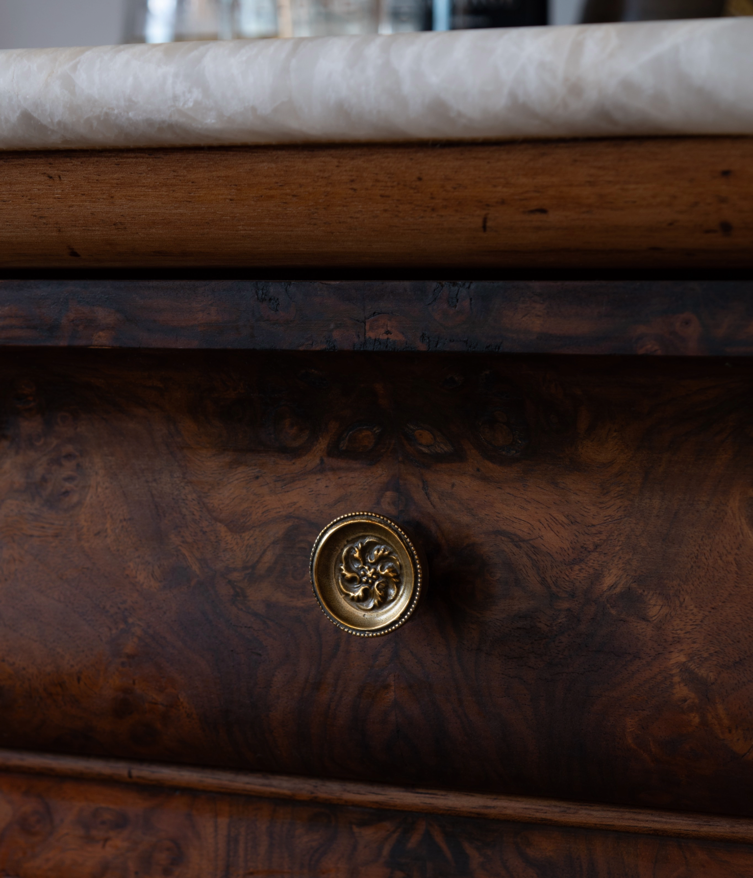 19th Century Louis Philippe Walnut Burr Commode with Taj Mahal Quartzite Top