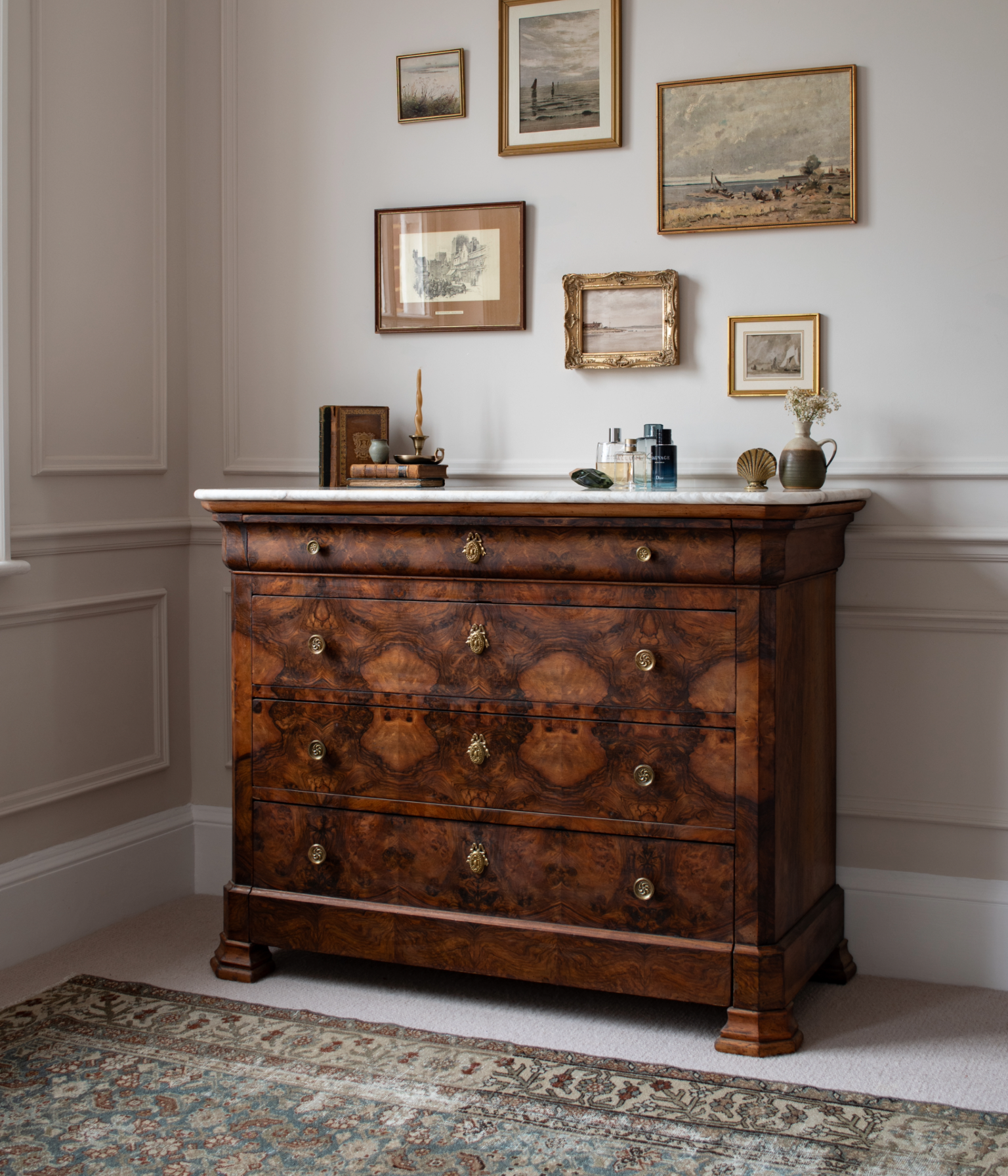 19th Century Louis Philippe Walnut Burr Commode with Taj Mahal Quartzite Top