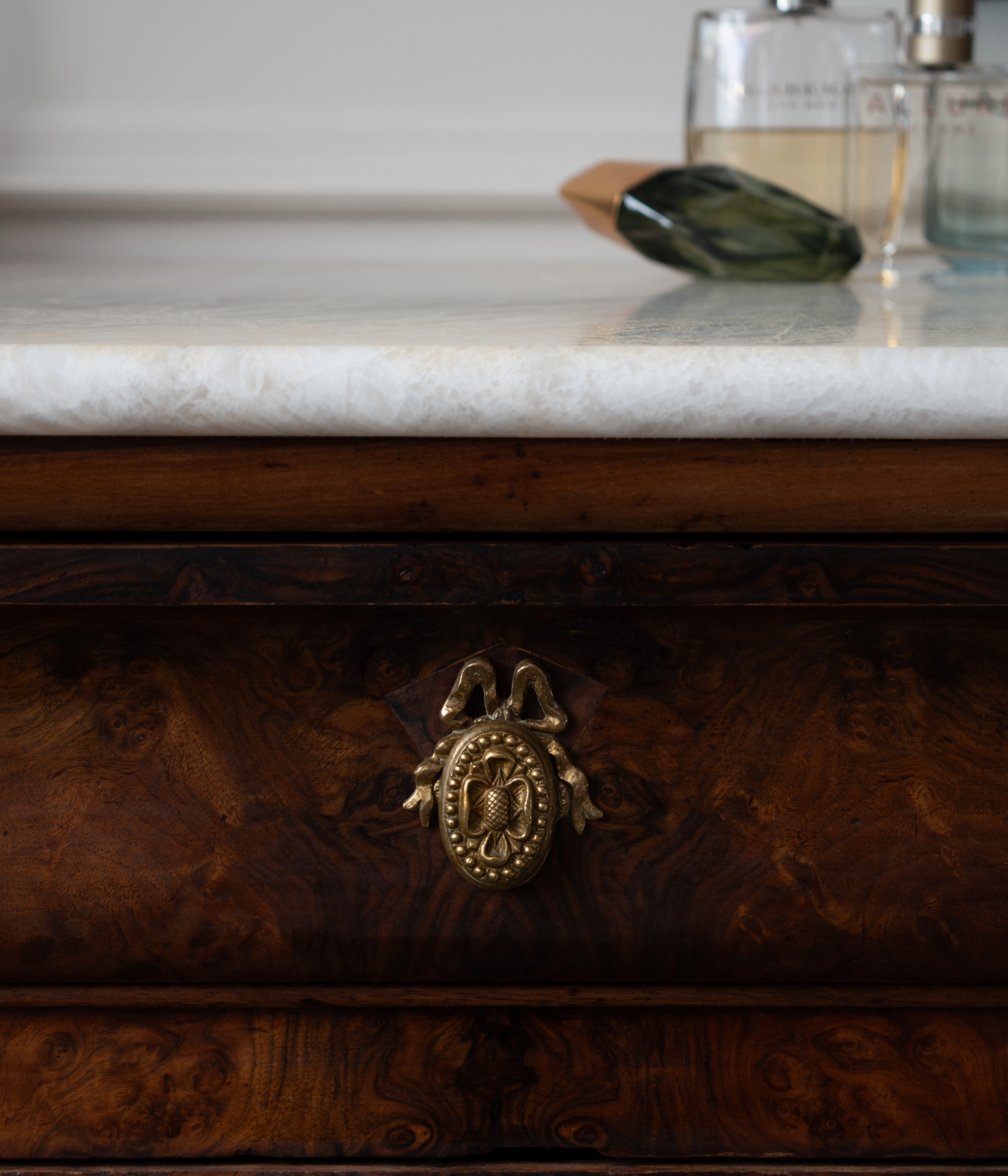 19th Century Louis Philippe Walnut Burr Commode with Taj Mahal Quartzite Top