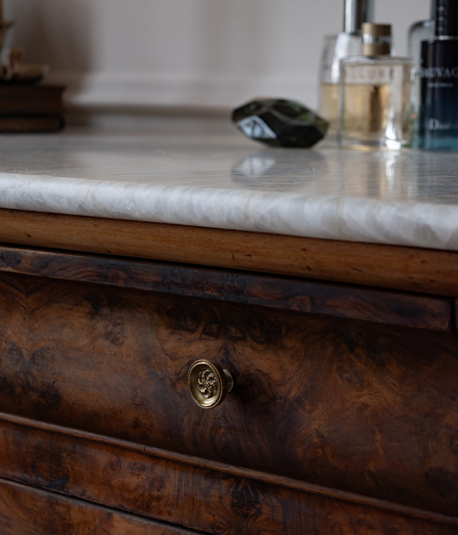 19th Century Louis Philippe Walnut Burr Commode with Taj Mahal Quartzite Top