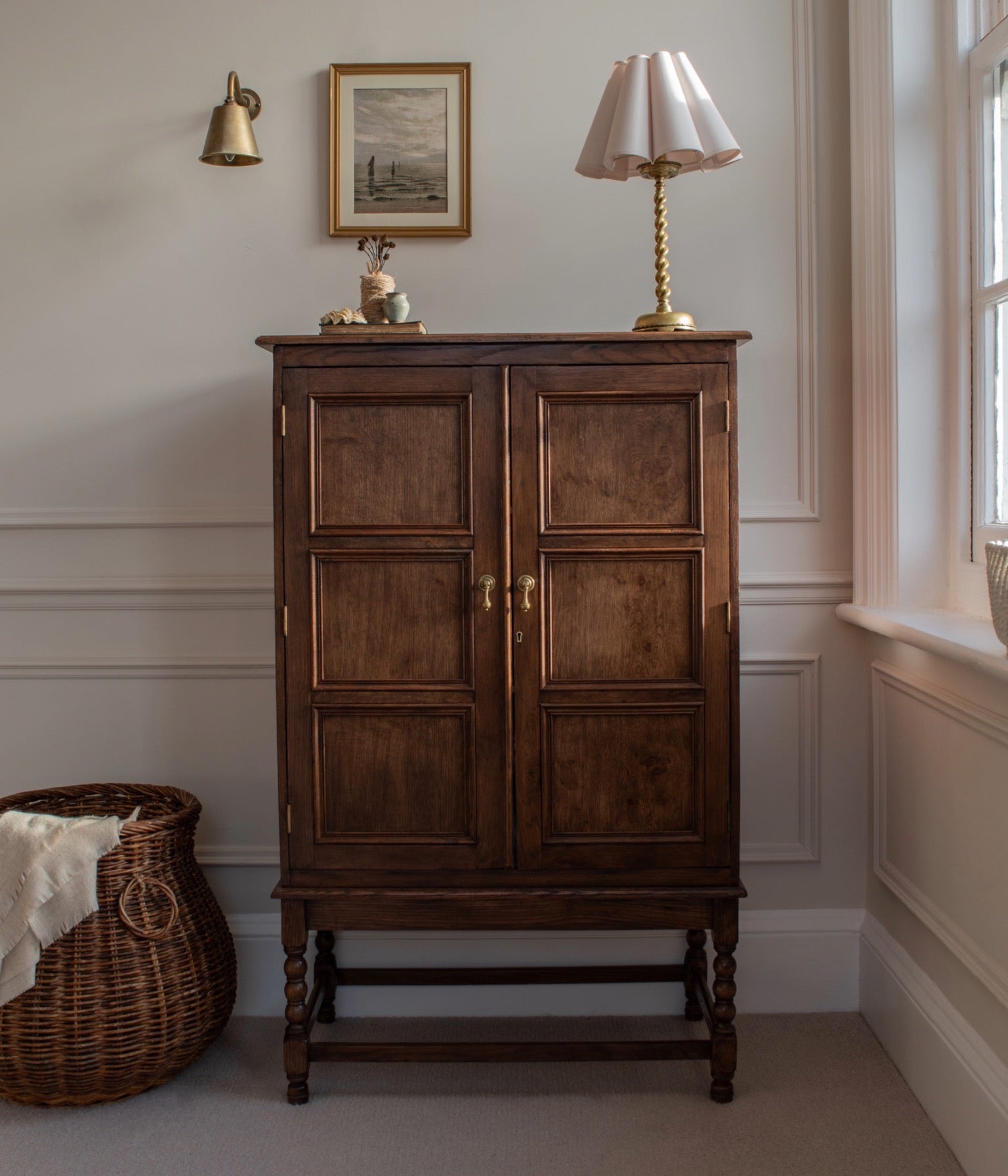 Antique Solid Oak Cabinet With Hand Turned Bobbin Legs