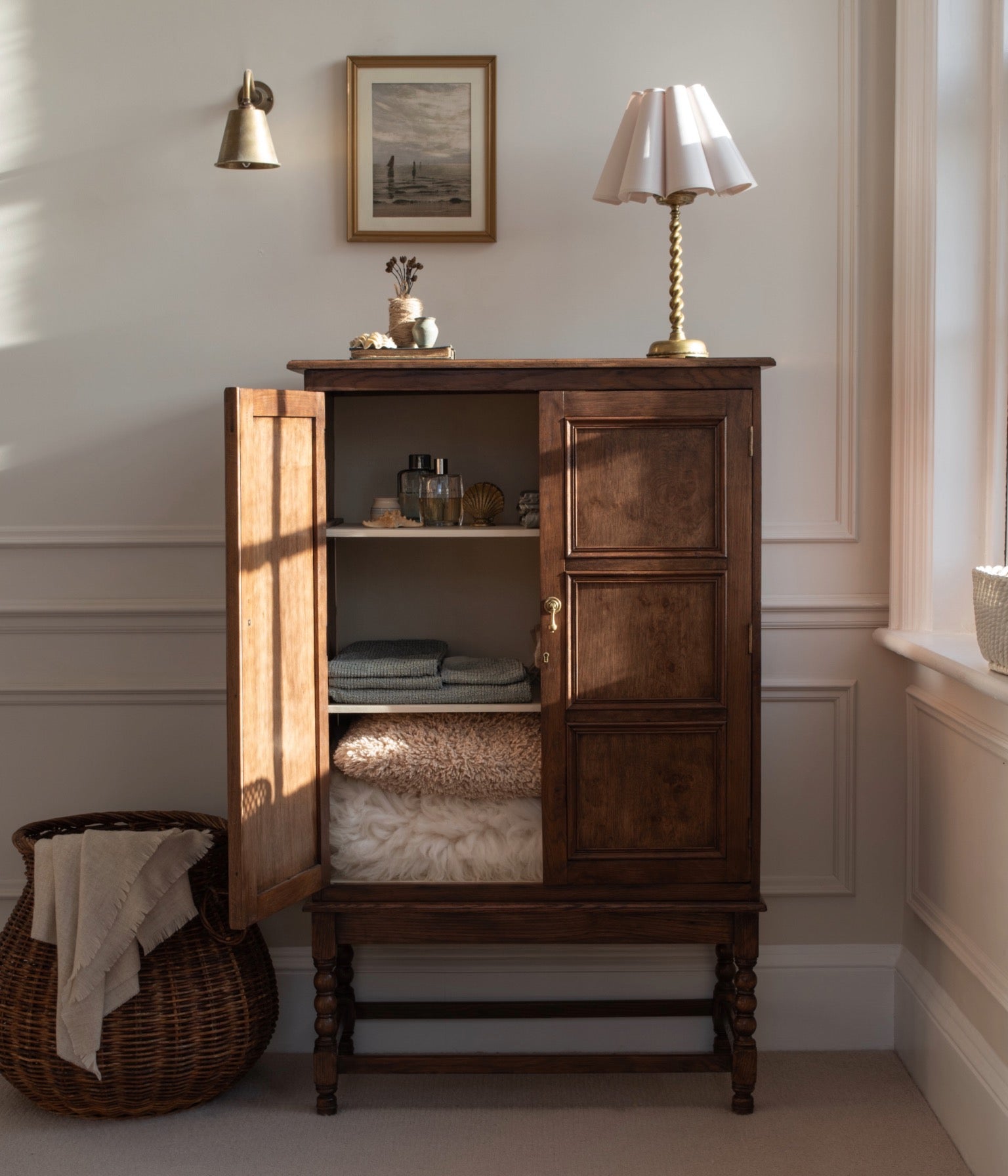 Antique Solid Oak Cabinet With Hand Turned Bobbin Legs