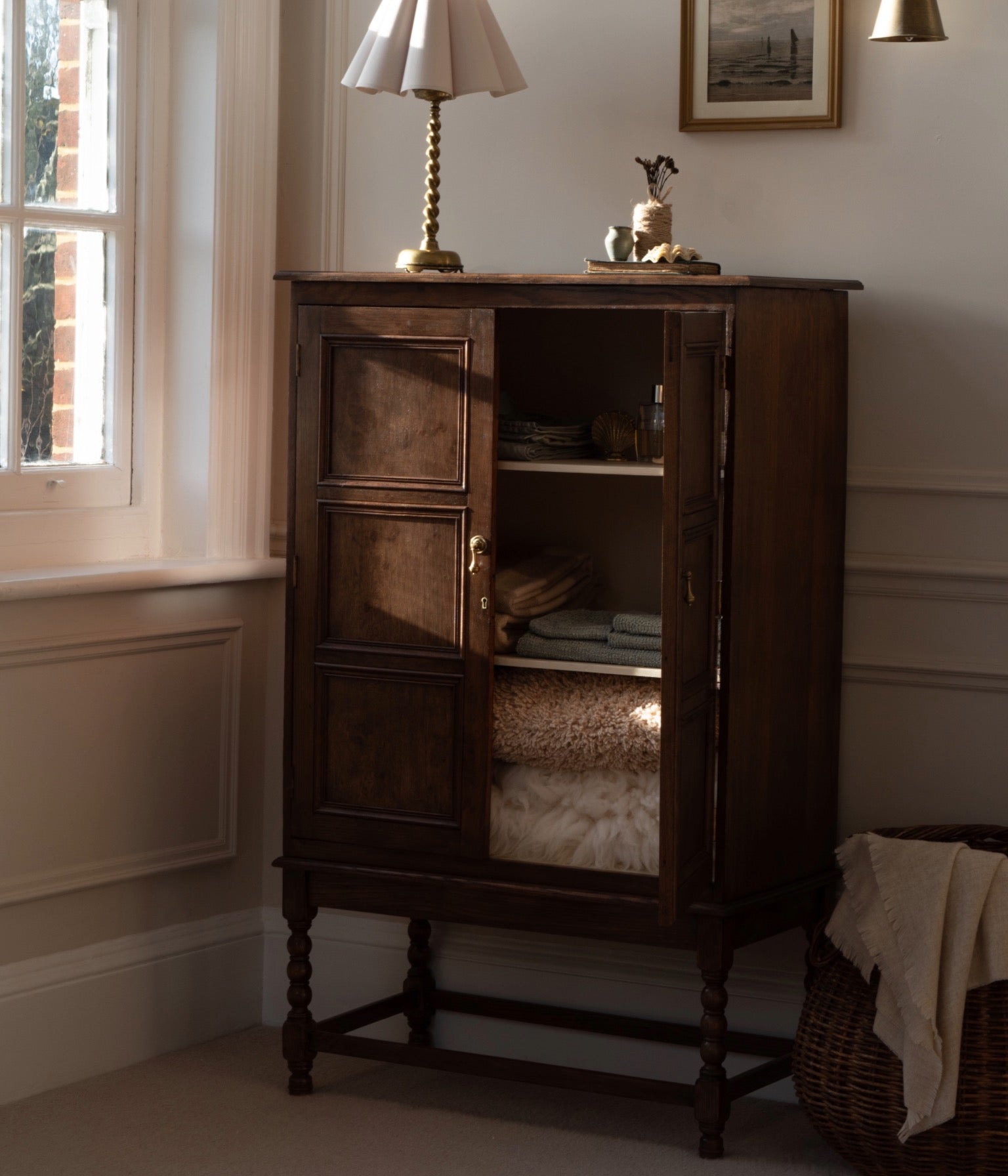 Antique Solid Oak Cabinet With Hand Turned Bobbin Legs