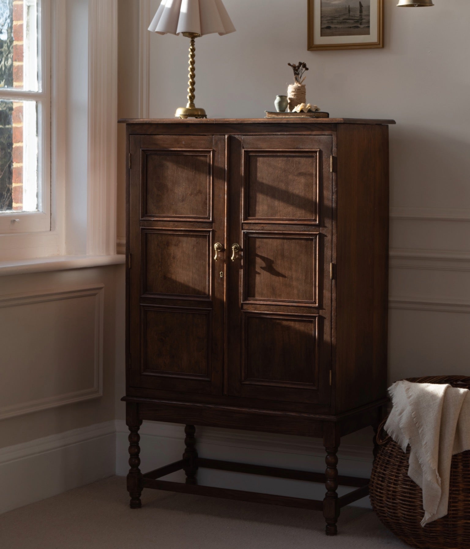 Antique Solid Oak Cabinet With Hand Turned Bobbin Legs