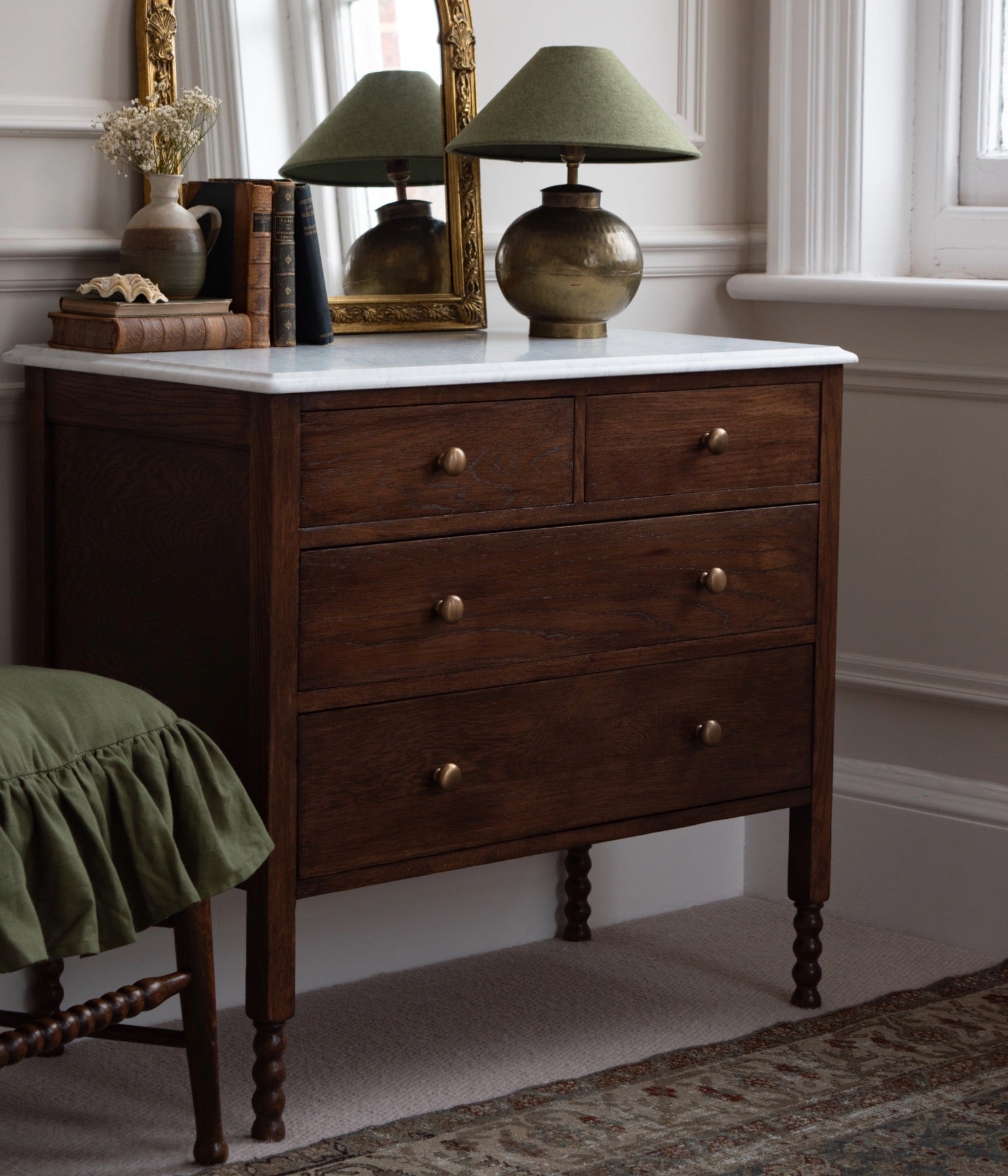 Antique Solid Oak Bobbin Chest With White Carrara Marble Top