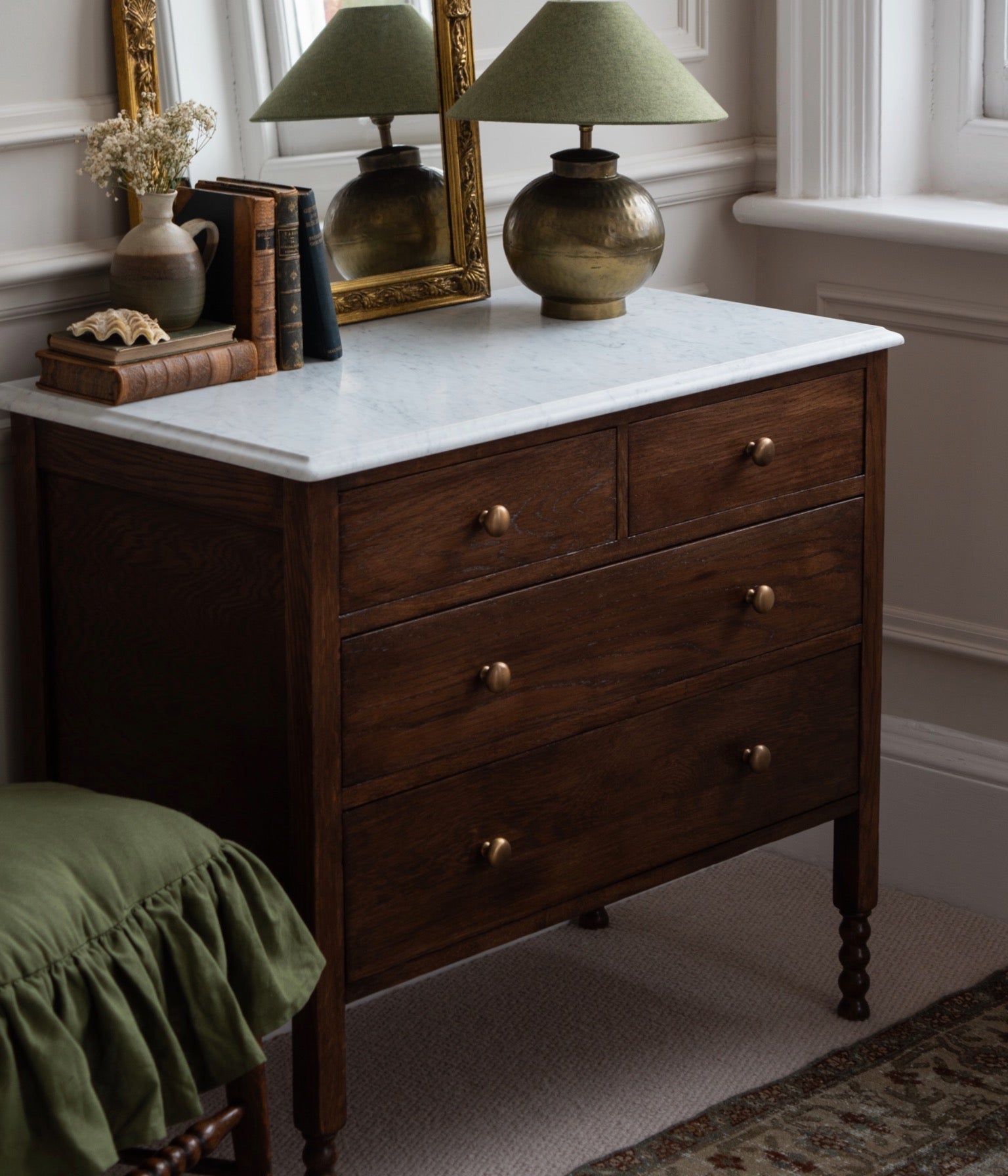 Antique Solid Oak Bobbin Chest With White Carrara Marble Top