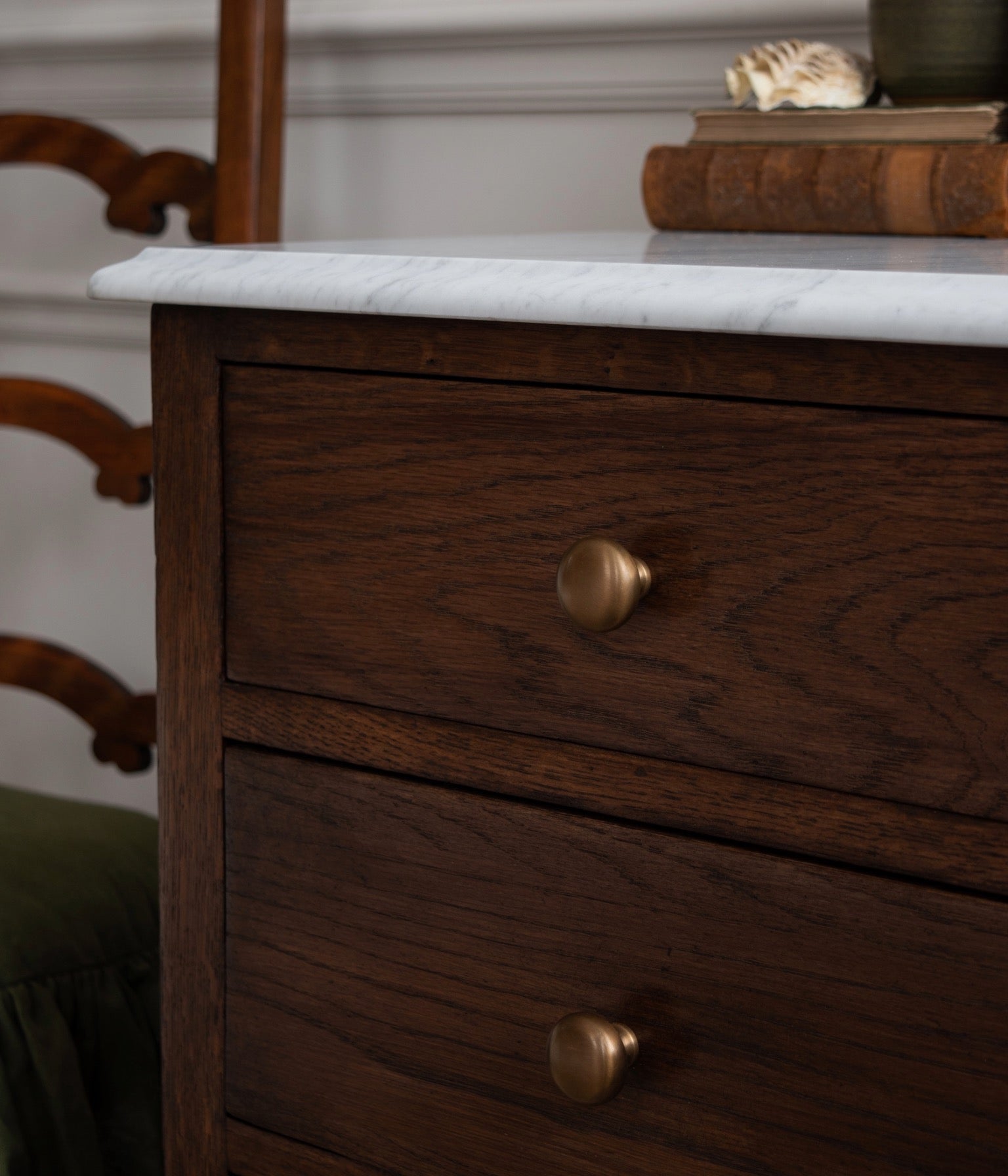 Antique Solid Oak Bobbin Chest With White Carrara Marble Top