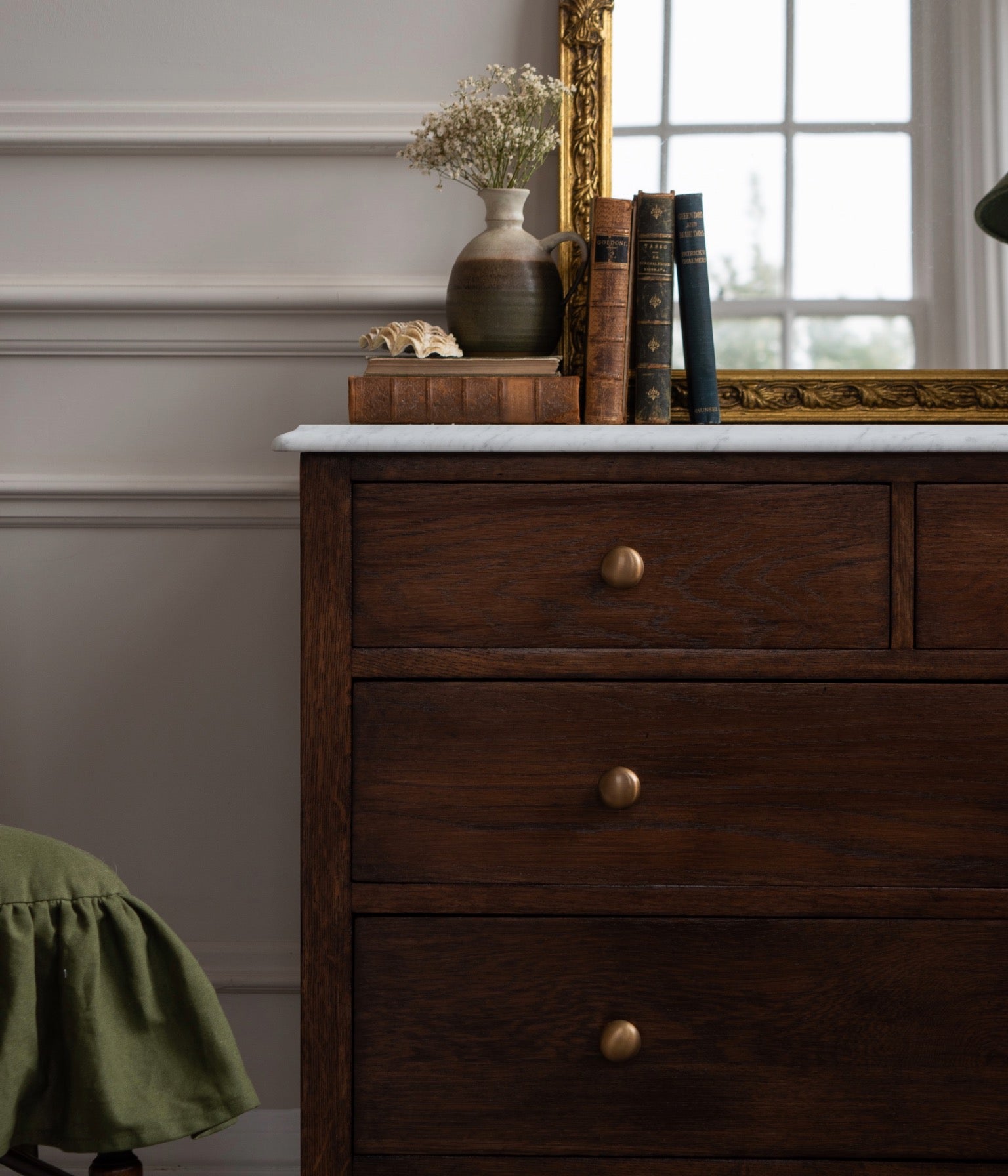 Antique Solid Oak Bobbin Chest With White Carrara Marble Top