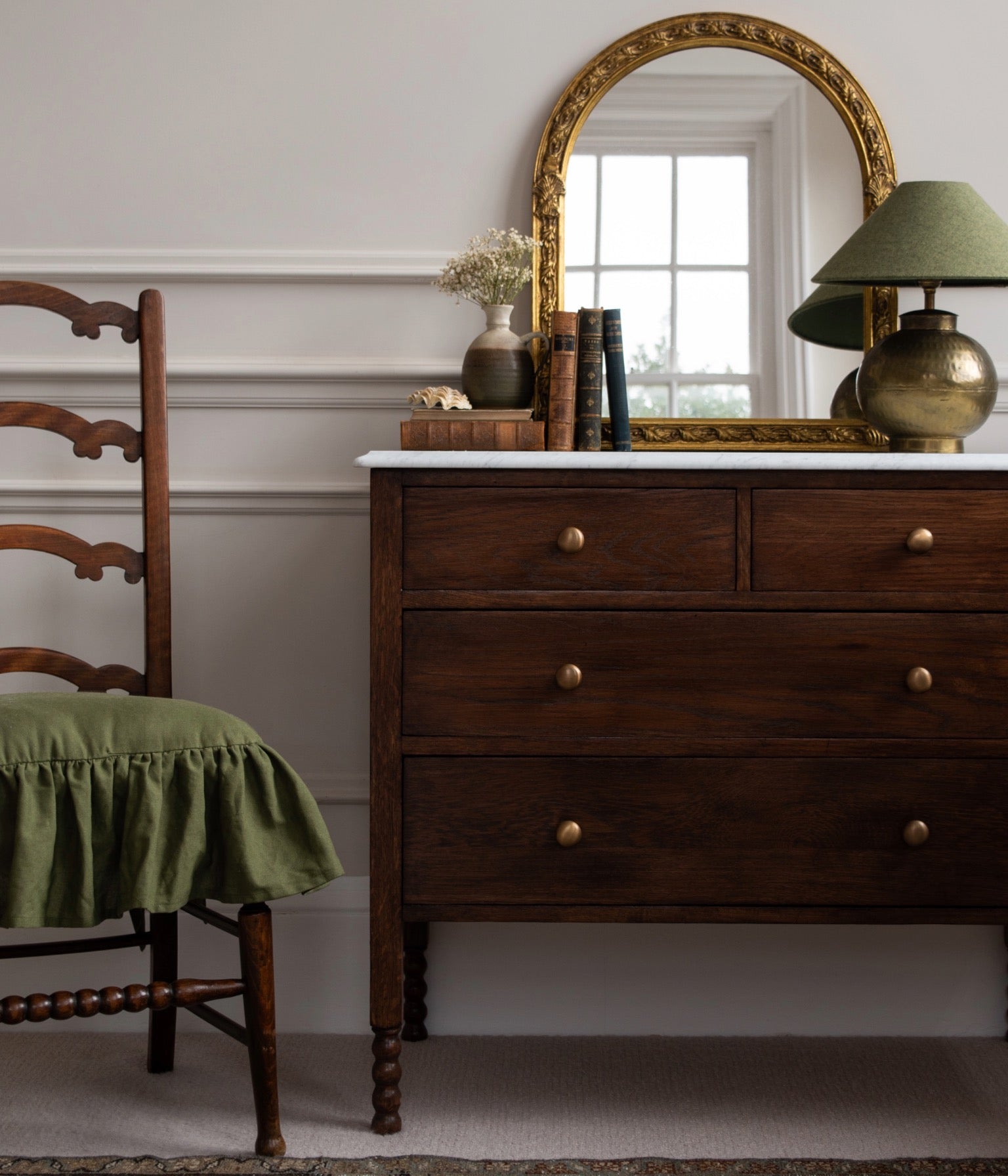 Antique Solid Oak Bobbin Chest With White Carrara Marble Top