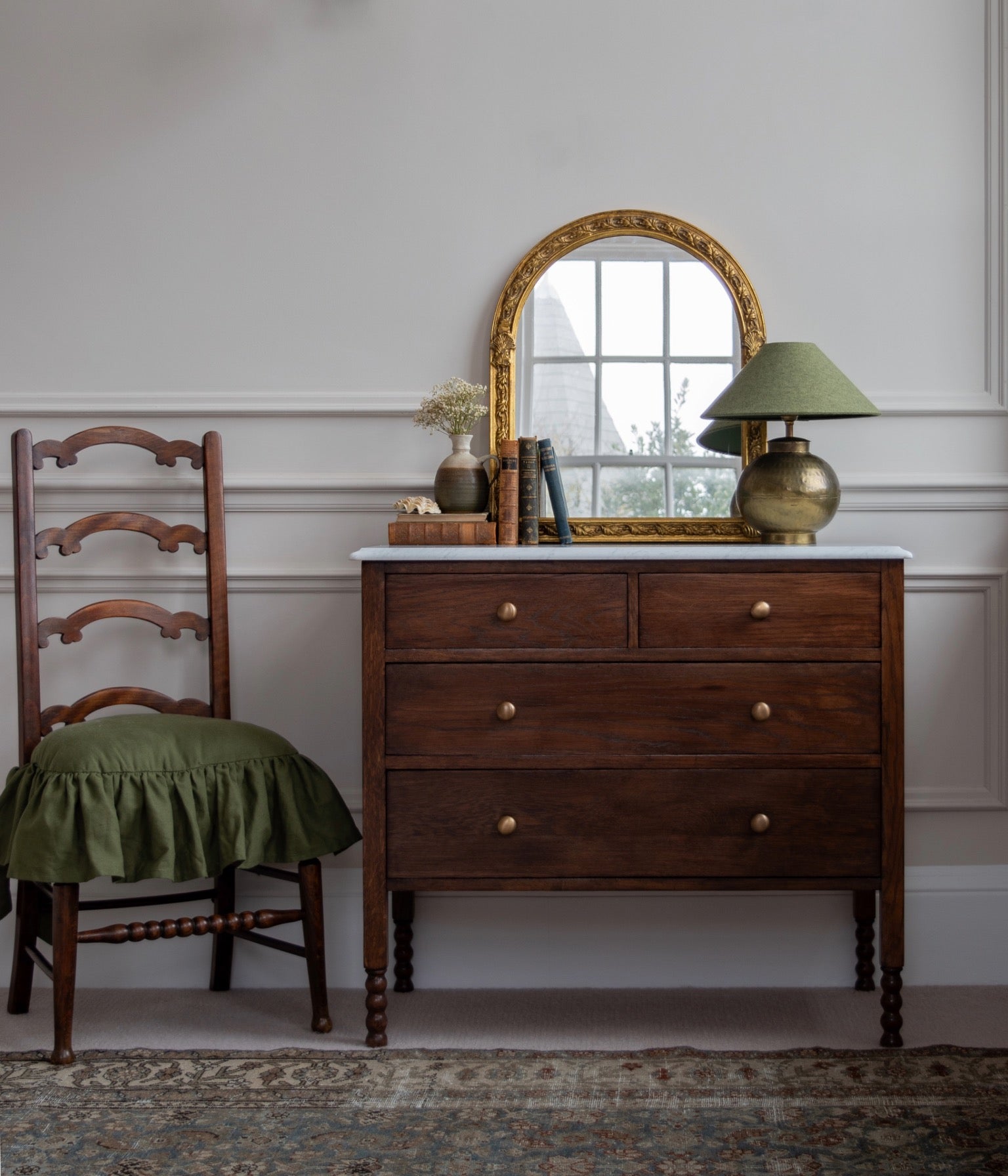 Antique Solid Oak Bobbin Chest With White Carrara Marble Top